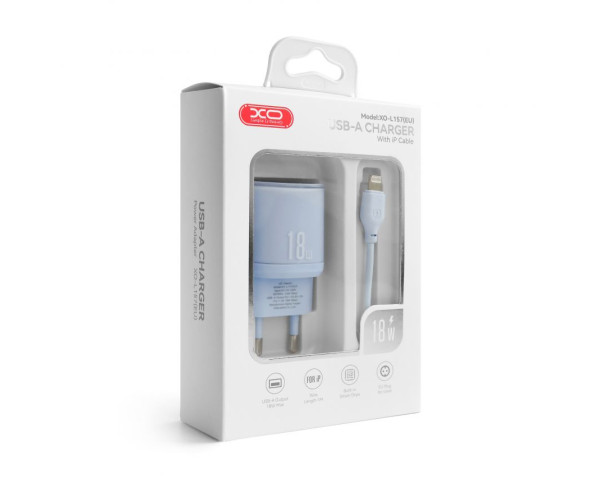 Мережевий зарядний пристрій (адаптер) 2в1 XO L157 1USB/QC3.0/18W + Data Cable USB to Lightning blue