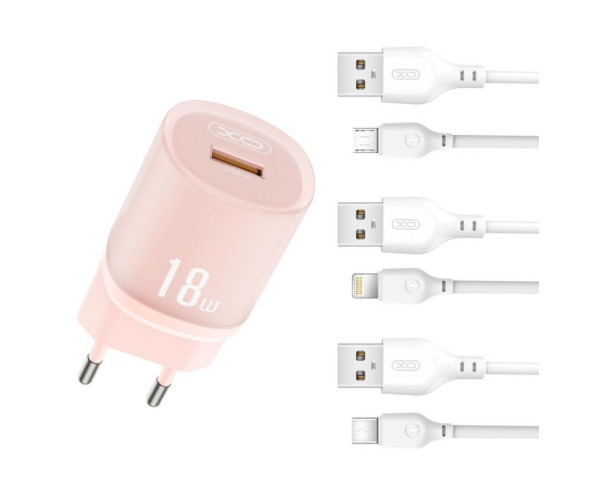 Мережевий зарядний пристрій (адаптер) 2в1 XO L157 1USB/QC3.0/18W + Data Cable USB to Lightning pink