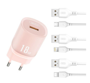 Мережевий зарядний пристрій (адаптер) 2в1 XO L157 1USB/QC3.0/18W + Data Cable USB to Type-C pink