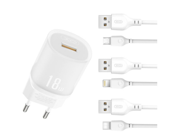 Мережевий зарядний пристрій (адаптер) 2в1 XO L157 1USB/QC3.0/18W + Data Cable USB to Type-C white