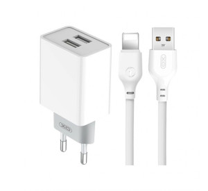 Мережевий зарядний пристрій (адаптер) 2в1 XO L65 2USB / 2.4A + Data Cable USB to Lightning white