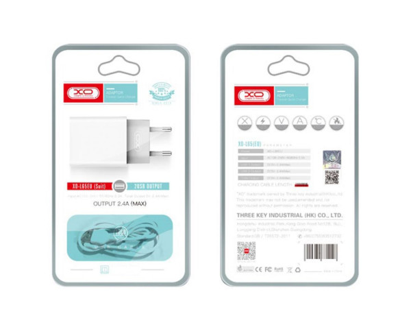 Мережевий зарядний пристрій (адаптер) 2в1 XO L65 2USB / 2.4A + Data Cable USB to Lightning white