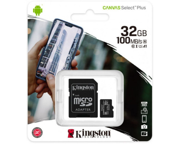 Карта памяти Kingston Canvas Select Plus MicroSDHC 32GB Class 10 UHS-I R100MB/s + SD-адаптер (SDCS2/32GB)