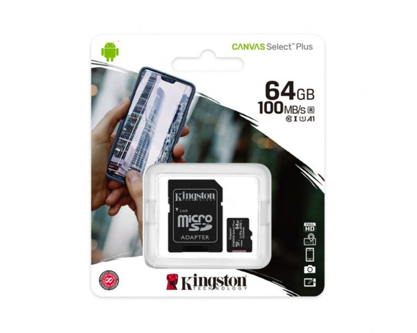 Карта памяти Kingston Canvas Select Plus MicroSDXC 64GB Class 10 UHS-I R100MB/s + SD-адаптер (SDCS3/64GB)