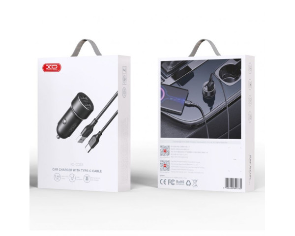 Автомобільний зарядний пристрій (адаптер) 2в1 XO CC53 2USB / 12W + Type-С black