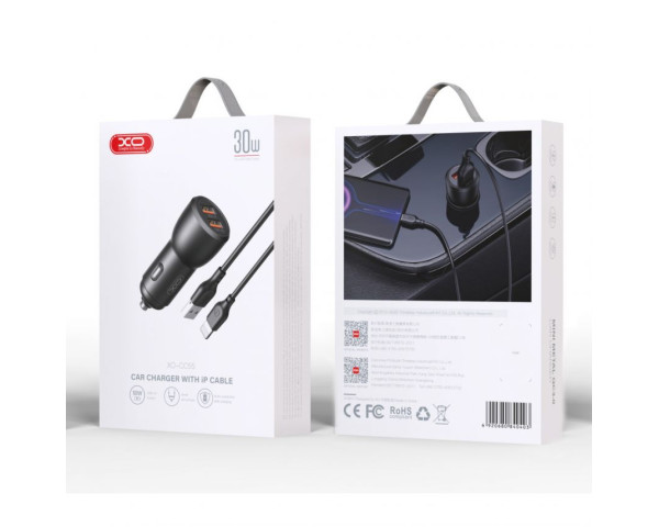 Автомобільний зарядний пристрій (адаптер) 2в1 XO CC55 2USB / QC3.0_18W / USB_12W + Data Cable USB to Lightning black