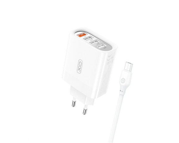 Сетевое зарядное устройство (адаптер) XO L100 4USB / QC3.0 / 3USB_2.4A + Data Cable USB to Micro white