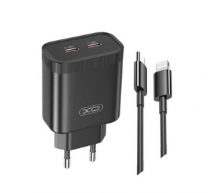 Сетевое зарядное устройство (адаптер) 2в1 XO L105 2xPD / 35W + Data Cable Type-C to Lightning black