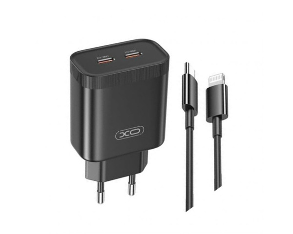 Сетевое зарядное устройство (адаптер) 2в1 XO L105 2xPD / 35W + Data Cable Type-C to Lightning black