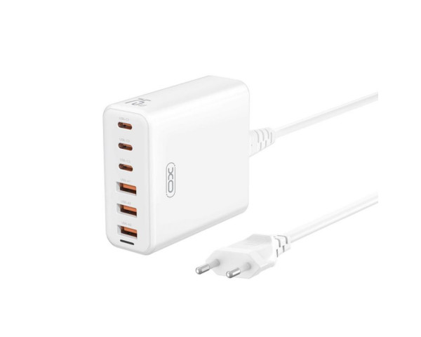 МЗП XO L133 адптер 75W GaN-Technology (3*USB-A+3*USB-C) зі шнуром 1.5м white