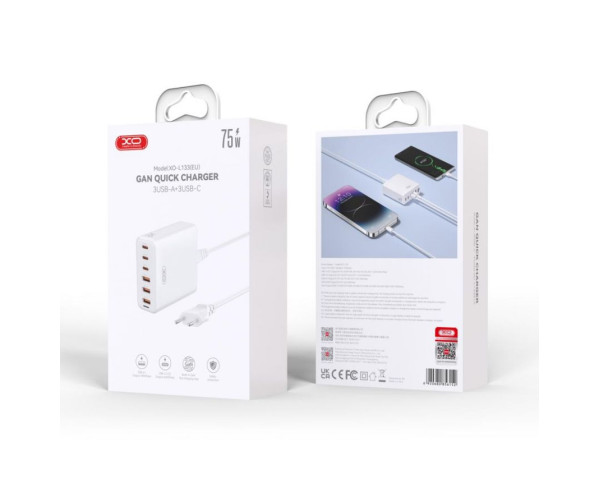 МЗП XO L133 адптер 75W GaN-Technology (3*USB-A+3*USB-C) зі шнуром 1.5м white