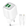 Мережевий зарядний пристрій (адаптер) 2в1 WALKER WH-71 GAN 30W + Data Cable Type-C to Lightning white