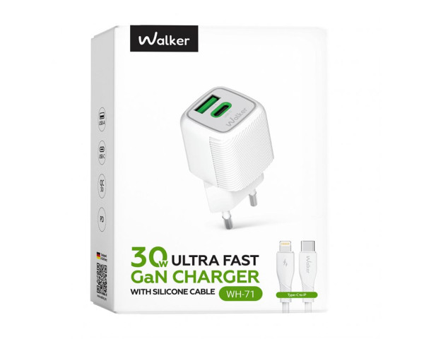 Мережевий зарядний пристрій (адаптер) 2в1 WALKER WH-71 GAN 30W + Data Cable Type-C to Lightning white